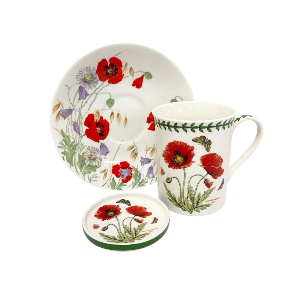 Portmeirion Botanic Garden Poppy 12 oz Cup, Lid Coaster & Roy Kikham Saucer